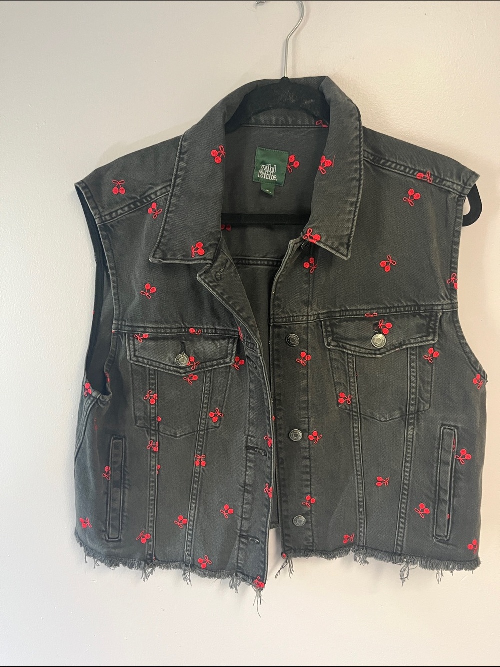 wild fable Black Distressed Denim Vest with Red Cherry Embroidery